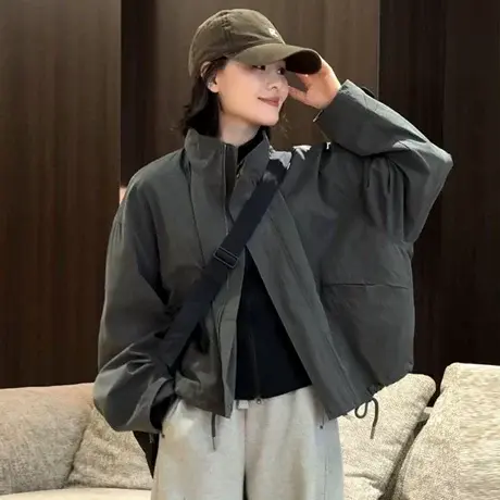 立领短款夹克外套女2025秋季新款韩系休闲宽松显瘦工装冲锋衣上衣商品大图