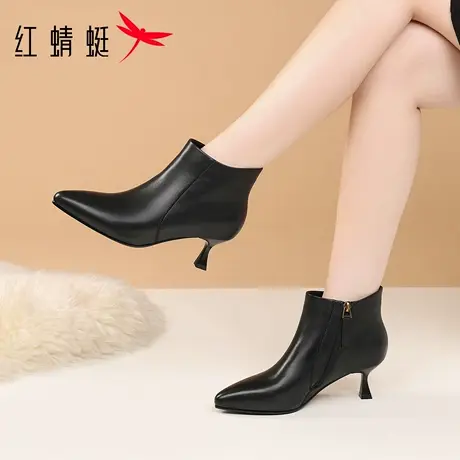 红蜻蜓女鞋冬季女士尖头细跟高跟鞋洋气小短靴女真皮裸靴加绒靴子图片