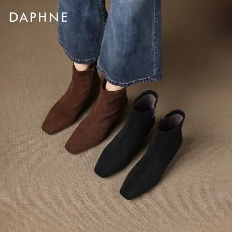 达芙妮短靴女款平底棕色靴子女2026新款内增高瘦瘦靴方头马丁靴图片