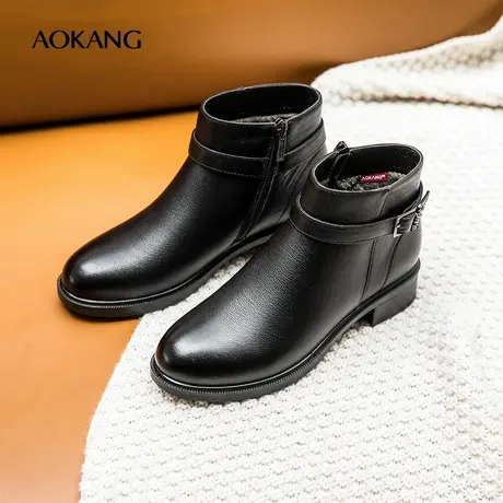 奥康 女鞋冬季短靴加绒黑科技双重保暖锁住温暖真皮妈妈棉鞋图片