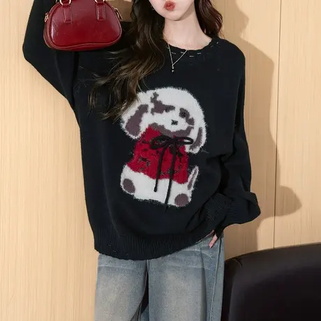 唐狮秋冬新款女毛衣小狗图案圆领套头蝴蝶结软软糯糯时尚百搭TD商品大图
