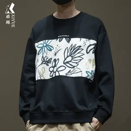 希越国风卫衣男日系圆领重磅秋季新款印花宽松大码男士撞色上衣潮图片
