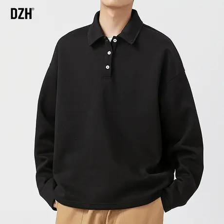 男士纯色polo衫男长袖高级感痞帅男装2023新款黑色体恤衫打底上衣商品大图