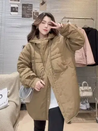 轻薄棉服女2023秋冬新款欧韩货阔版衬衫式棉衣中长款夹棉连帽外套图片