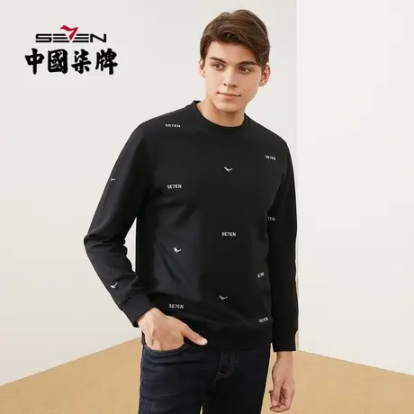 柒牌男装清仓卫衣时尚休闲潮流青年秋冬弹力圆领字母绣花黑色t恤商品大图