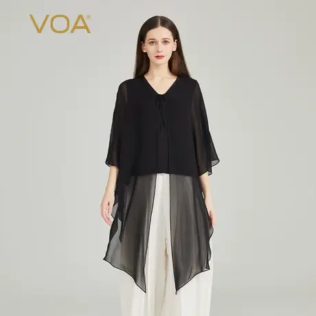 VOA30姆米重磅桑蚕丝黑色V领拼接乔其蝙蝠袖活页装饰简约真丝T恤图片