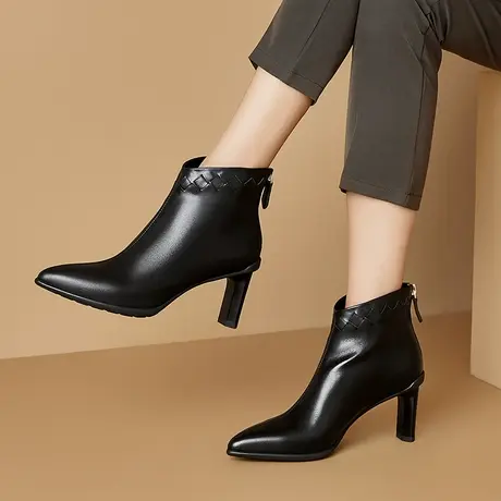 浓情漫宇新款头层牛皮短靴气质编织女士单靴真皮尖头粗跟百搭女靴商品大图