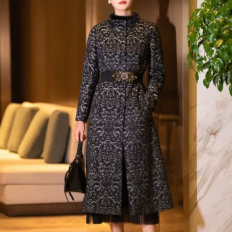 中长款呢子外套女冬款2024新款气质端庄修身显瘦立领长袖黑色大衣图片