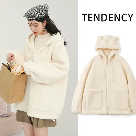 真维斯LIFE杏色羊羔绒外套女2022秋冬新款加绒加厚女士颗粒绒开衫图片