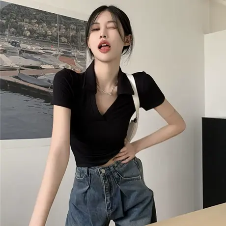 正肩polo衫短袖t恤女夏季小众设计感甜辣风ins独特别致小上衣短款图片