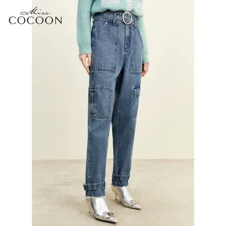MISSCOCOON脚口裤袢带钻日字袢2023冬新款女装大贴袋牛仔裤商品大图