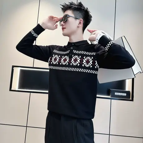 翻领毛衣男秋冬提花设计感长袖POLO衫线衣痞帅潮牌修身针织打底衫商品大图