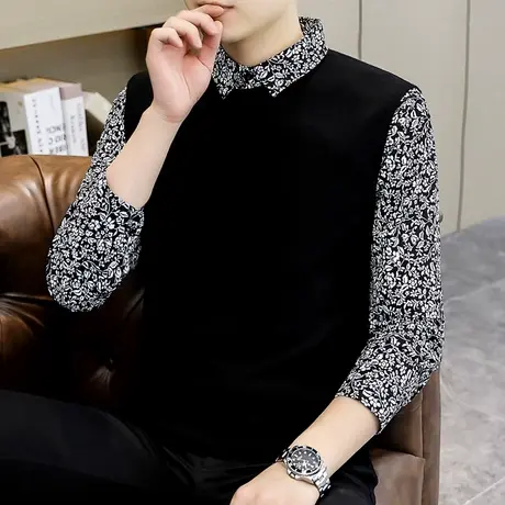 秋季碎花长袖衬衫领男士毛衣潮流假两件休闲痞帅秋装韩版针织衫男商品大图