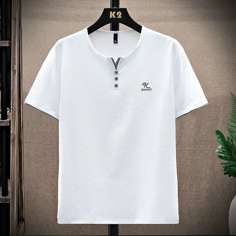 男士冰丝短袖t恤潮流半袖2025夏季新款V领薄款韩版衣服白色汗衫男图片
