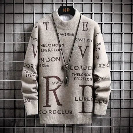 青少年秋冬季半高领毛衣男水貂绒初中学生加绒加厚中领打底针织衫商品大图