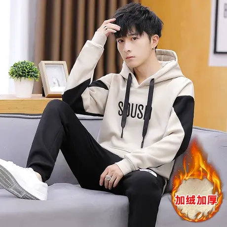 2023秋冬款初中学生连帽加绒卫衣男士加厚外套青少年运动休闲套装图片