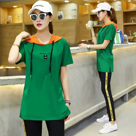 【清仓1件5折】韩版中长款绿色t恤长裤休闲运动服套装女夏两件套图片