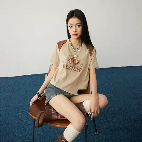 复古拼接设计感短袖t恤女2024新款修身甜辣风潮牌短款上衣ins半袖图片