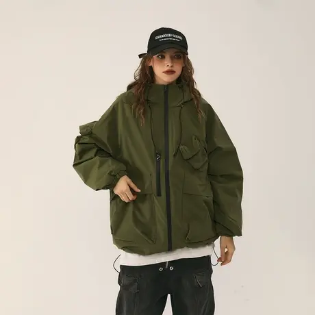 潮牌纯色连帽棉服女冬季2023新款美式复古宽松加厚运动外套商品大图