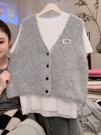 韩版宽松针织马甲开衫女2023早秋新款百搭高级感叠穿灰色背心外套图片