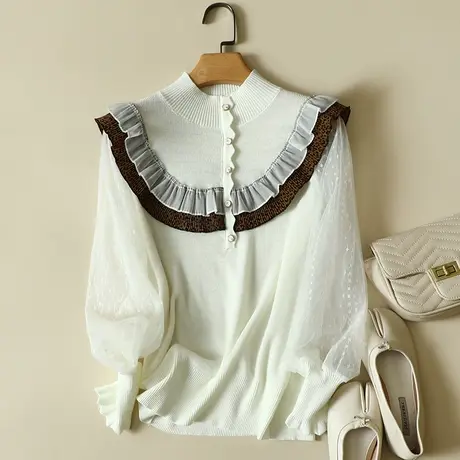 清仓！羊毛半高领针织衫女秋冬2023年新款雪纺袖宽松打底衫商品大图