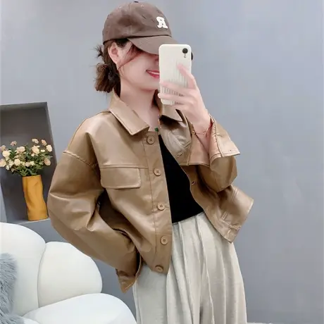 短款小个子机车皮衣外套女秋季新款女装宽松复古时尚休闲夹克上衣图片