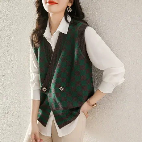 格子针织衫马甲女毛衣背心春秋冬季坎肩内搭马夹洋气外穿无袖上衣商品大图