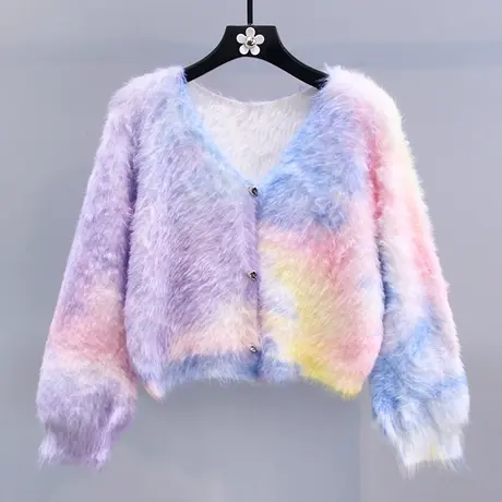 渐变撞色水貂绒毛衣开衫女秋冬2023新款宽松高级感洋气针织外套商品大图