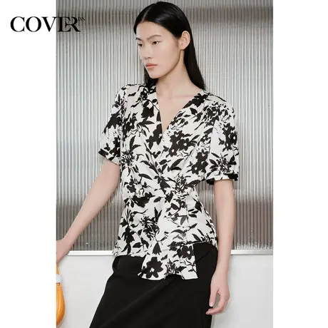 COVER夏季绒面缎印花褶皱抗皱衬衫商品大图