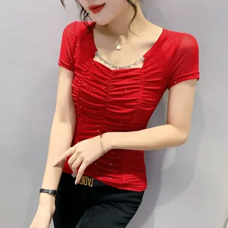 性感方领网纱T恤女短袖2023夏装新款紧身百搭小衫设计感褶皱上衣商品大图