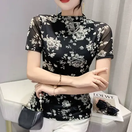 欧货印花气质T恤女短袖性感网纱半高领上衣2024新款修身百搭小衫商品大图