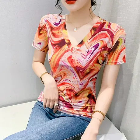欧货拼色印花T恤女短袖夏季时尚性感V领小衫洋气修身网纱上衣体恤图片