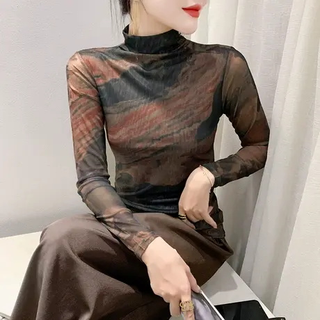 欧货复古网纱T恤女长袖气质半高领加绒上衣洋气修身内塔打底衫潮图片