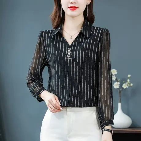 早秋季条纹衬衫女士长袖2023新款装上衣洋气小衫设计感小众雪纺衫商品大图