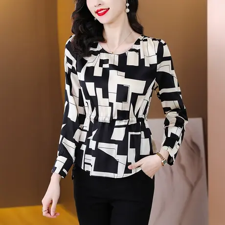 真丝印花衬衣女秋装2023年新款漂亮时尚收腰遮肚子设计感女士小衫商品大图