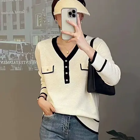 春季新款2024年V领小香风高级感针织衫拼色显瘦长袖T恤上衣打底衫图片