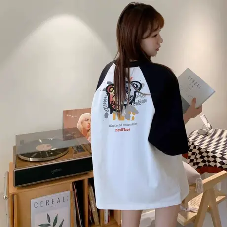 爆款纯棉插肩短袖T恤女夏季韩版拼接撞色宽松圆领涂鸦熊印花体恤商品大图