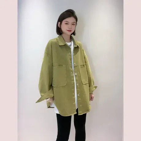 2023早秋新款双口袋牛仔衬衫外套女中长款衬衣开衫宽松百搭上衣潮商品大图