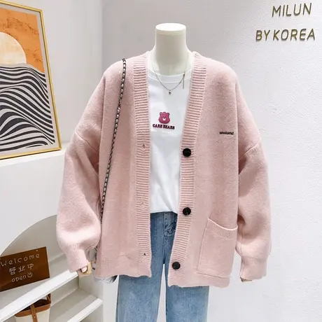 ins奶油风粉色毛衣开衫~韩代同款小字母加厚针织外套上衣温柔软糯图片