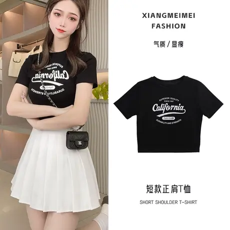 黑色纯棉字母短袖T恤女夏2023新款修身设计感小众短款印花上衣商品大图