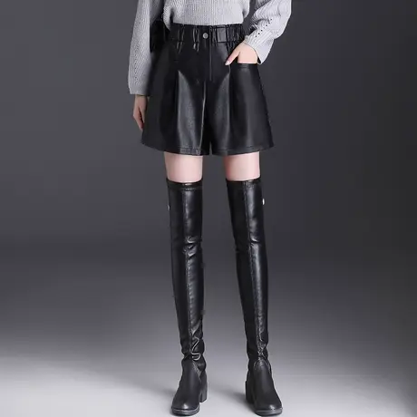 黑色显瘦松紧腰外穿PU皮短裤女2023秋冬新款高腰遮胯性感阔腿裤子图片