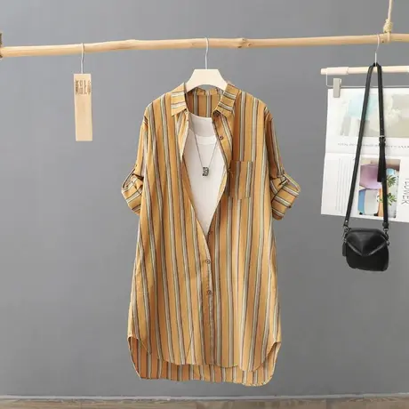秋季新品复古港味中长款条纹衬衫女长袖宽松外搭衬衣开衫外套上衣图片
