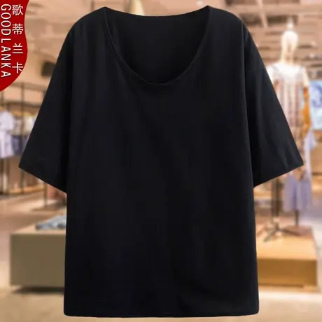 加肥加大码五分袖T恤女宽松遮肚子心机上衣中年妈妈大圆领棉麻T恤商品大图