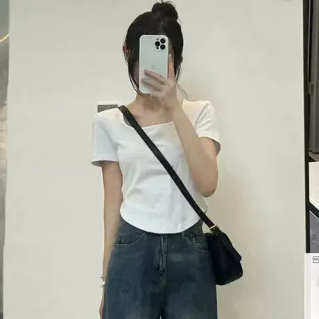 设计感小众正肩纯棉方领短袖t恤女夏短款2024新款不规则显瘦上衣商品大图