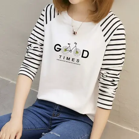 2件69】长袖t恤女学生宽松上衣2023年春季新款圆领百搭纯棉打底衫图片