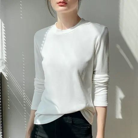 小圆领磨毛长袖T恤女2023秋冬新品宽松休闲棉纯色西装内搭打底衫商品大图