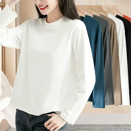 米白色小圆领宽松打底衫内搭春秋款长袖t恤女加夹棉基础大码秋衣商品大图