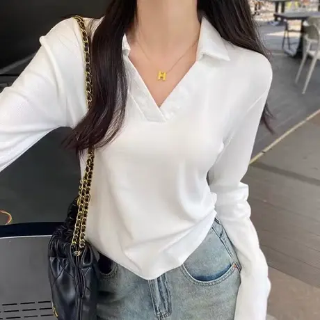 弧形下摆磨毛长袖T恤女秋冬装修身韩版内搭加绒加厚V领POLO衫上衣商品大图