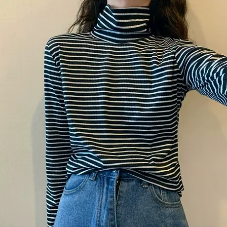 高领打底衫女秋冬百搭洋气小衫条纹上衣内搭加绒加厚德绒长袖t恤图片