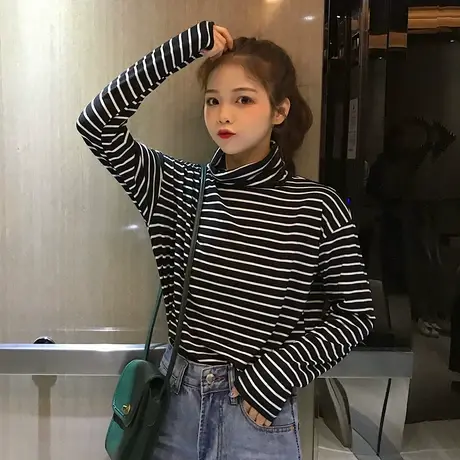 2024年新款春秋冬季条纹洋气上衣秋衣高领内搭加绒加厚打底衫女装商品大图